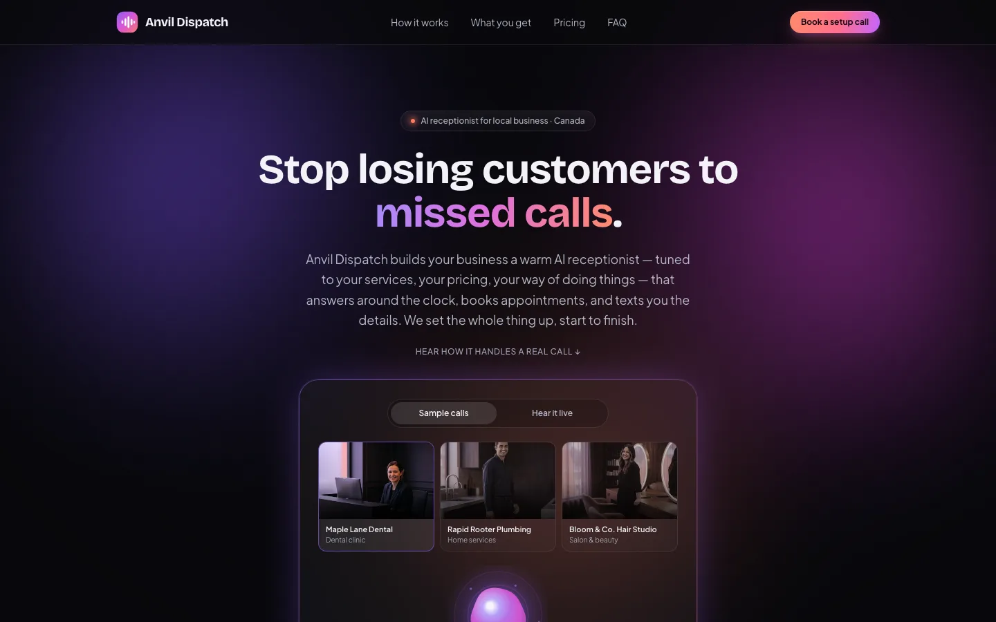 Anvil Dispatch landing page for an AI phone receptionist service