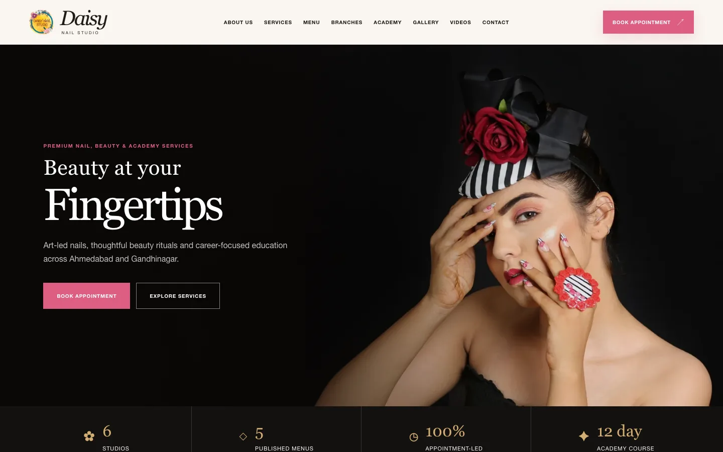 Daisy Nail Studio homepage featuring nail art photography