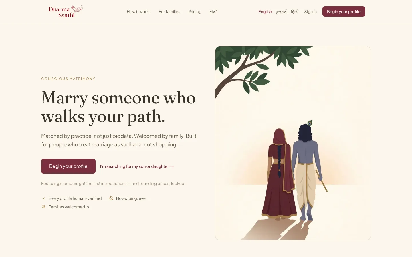 DharmaSaathi homepage for a conscious matrimony platform
